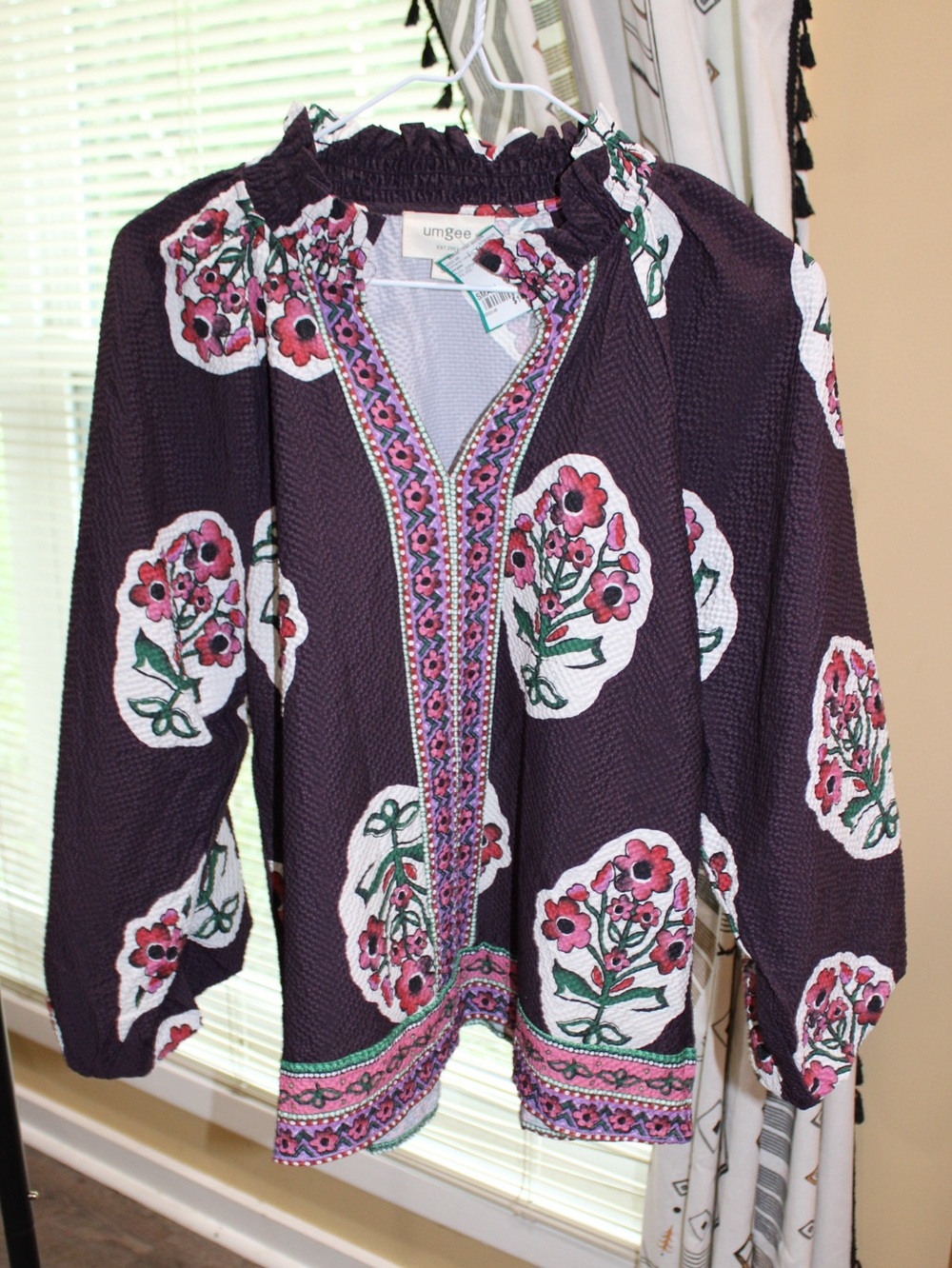 Umgee Floral Print Peasant Blouse Size Small Boho Long Sleeve